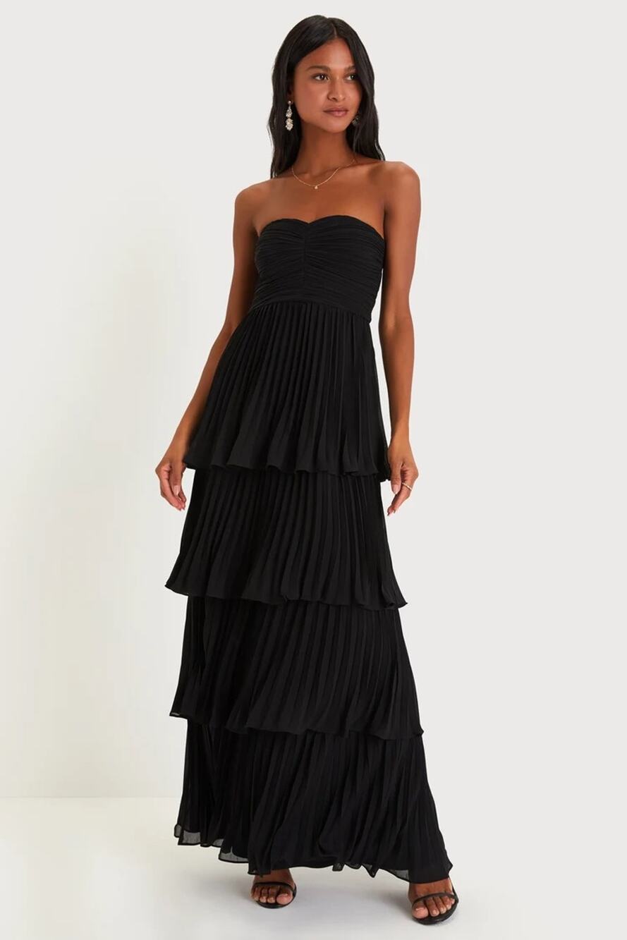 Lulus Seriously Sensational Black Strapless Tiered Maxi Dress Wedding Size M